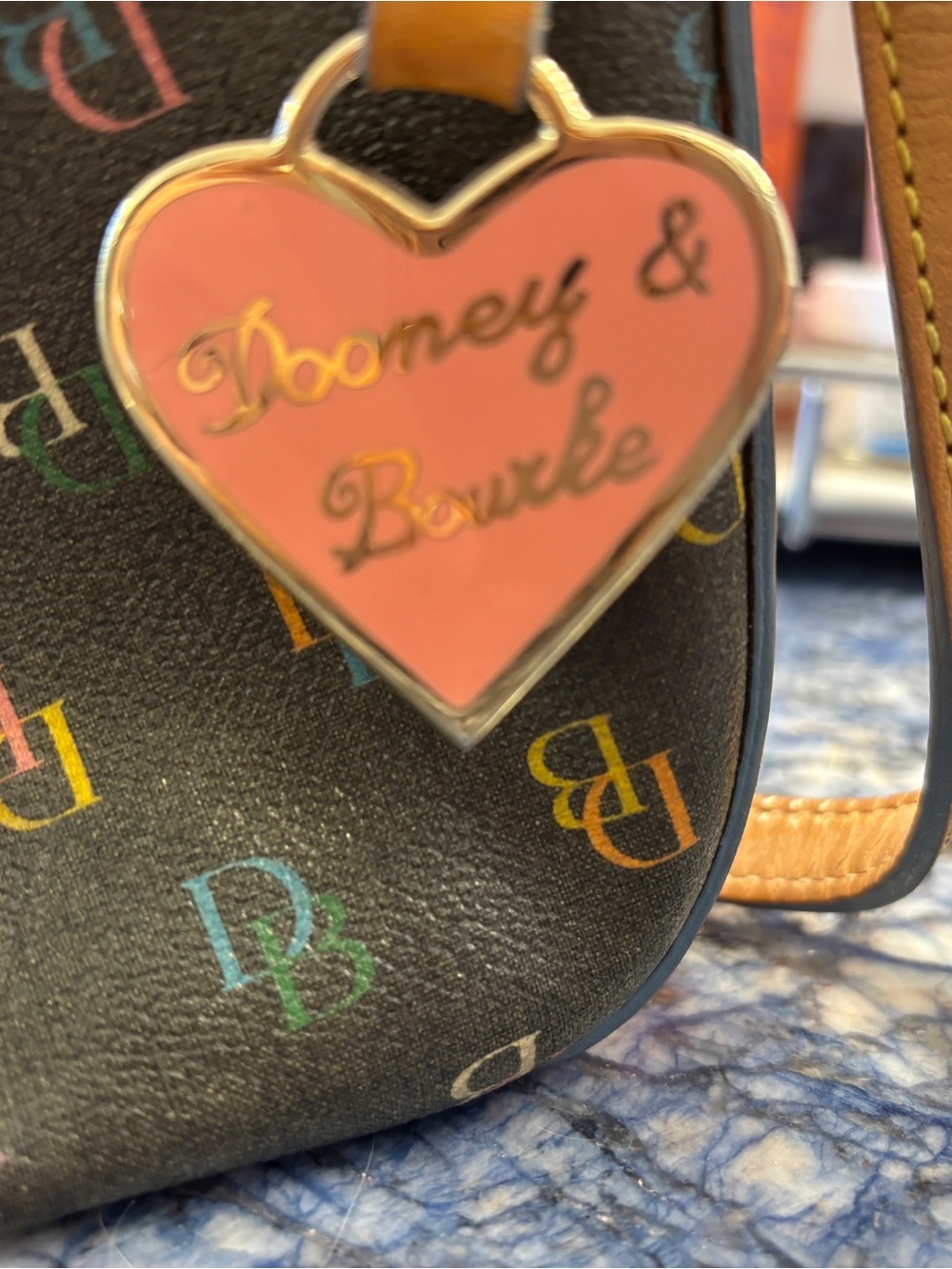 Dooney & Bourke Black Multicolor DB Logo shoulder bag with Pink Heart Charm